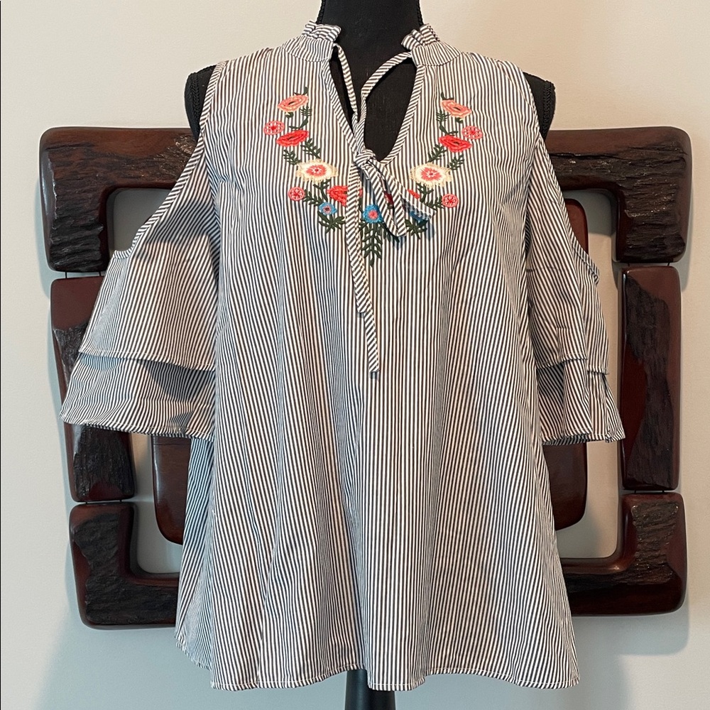 Floral Embroidered Striped Blouse with Cold Shoulders